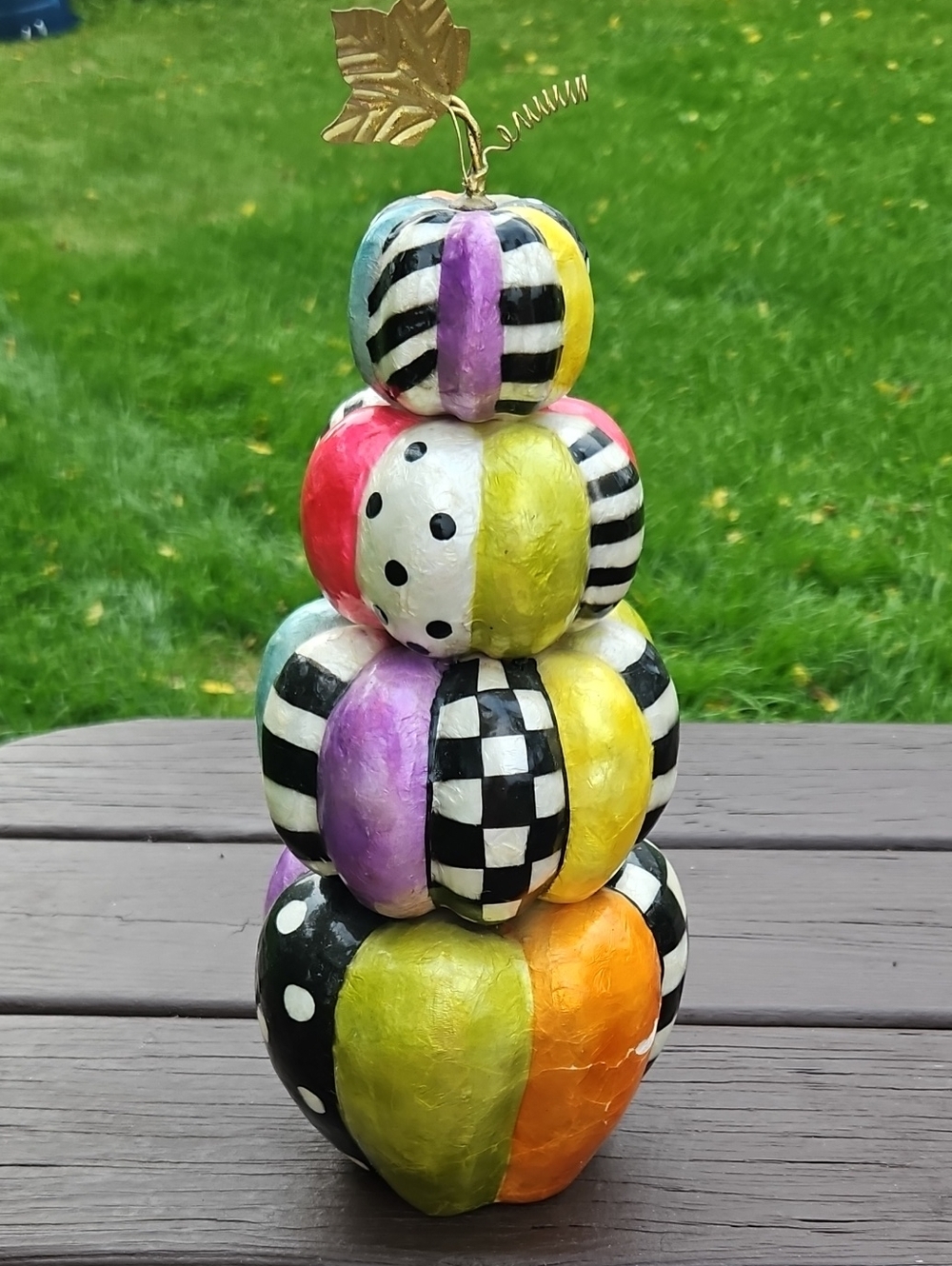 MacKenzie-Childs Bright Multicolor Striped & Checked Stacked Pumpkin Decor
